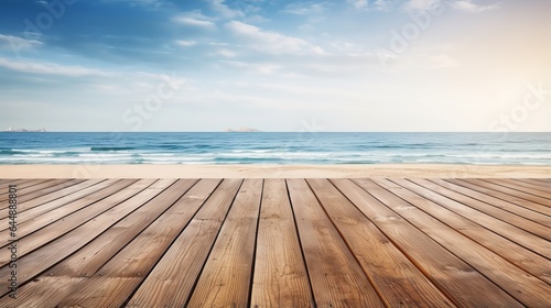 Photo of a sunny ocean view from a wooden deck