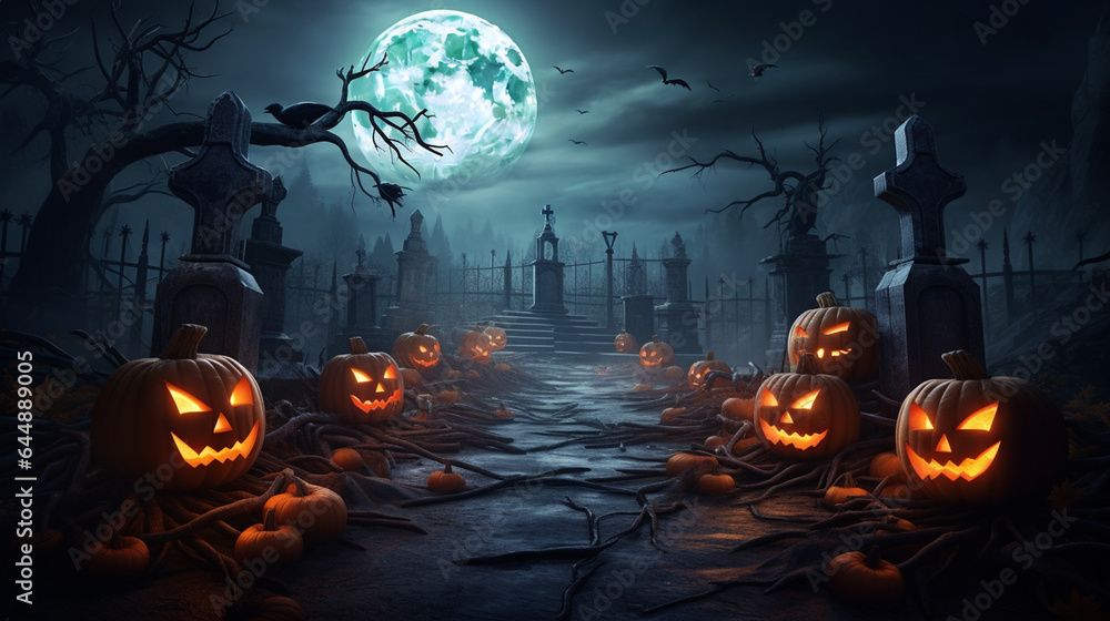 Jack O Lanterns In Graveyard In The Spooky Night Stock Illustration ...
