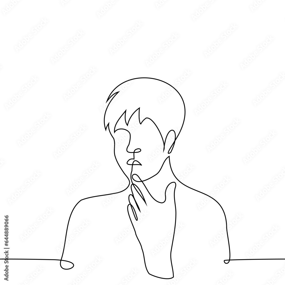 man with open mouth scratching his chin with his finger - one line art vector. concept emotion of confusion, indecision