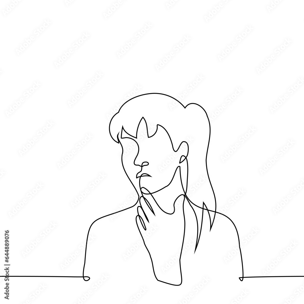 woman with open mouth scratching her chin with her finger - one line art vector. concept emotion of confusion, indecision