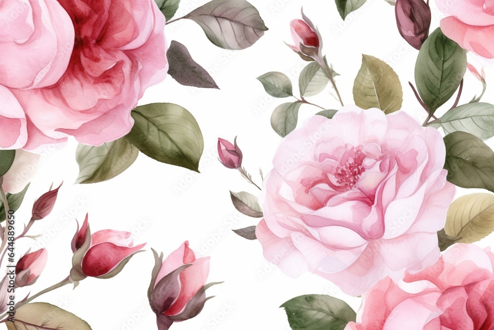 Seamless watercolor pattern featuring vintage pink roses on a white background. Generative AI