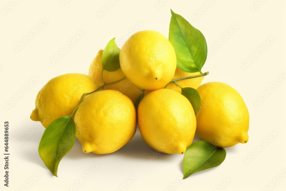Lemons with leaves on a white background, close-up