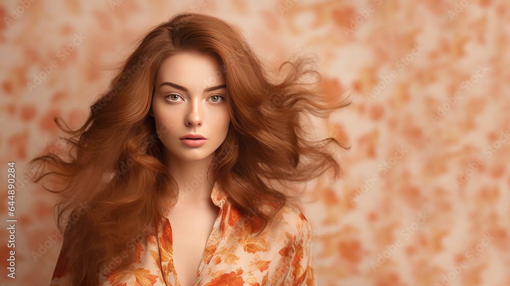 Portrait of a young pretty woman with beautiful hair. Cosmetics, hair product, hairstyle background with copy space. Ai generative, illustration Portrait of a young pretty woman with beautiful hair. Cosmetics, hair product, hairstyle background with copy space. Ai generative, illustration