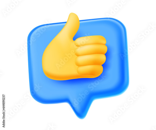 Vector business illustration of blue color speech bubble with hand gesture thumb up on white background. 3d style design of speech bubble with hand