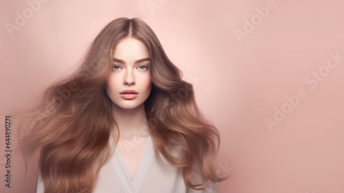 Portrait of a young pretty woman with beautiful hair. Cosmetics, hair product, hairstyle background with copy space. Ai generative, illustration