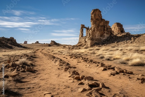 Tablou canvas Trail leading to historic ruins in a moonlike arid landscape