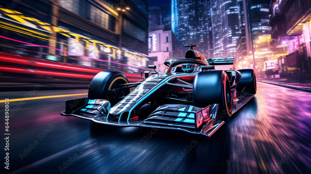 Formula 1 driving on a city road at night