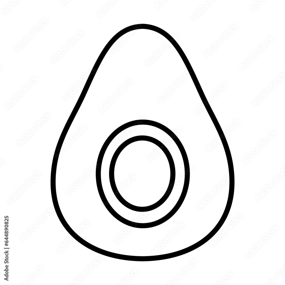 Avocado fruit with large pit in middle isolated on white. Seasonal harvest. Food pictogram symbol. Simple thin line black and white vector icon