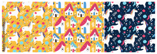 Set of fairytale seamless patterns with unicorns and magical houses and flowers on yellow and blue background. Seamless vector with colorful fairy tale unicorns and flowers for printing on fabric