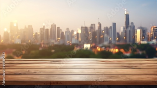 Photo of a cityscape view from a wooden table