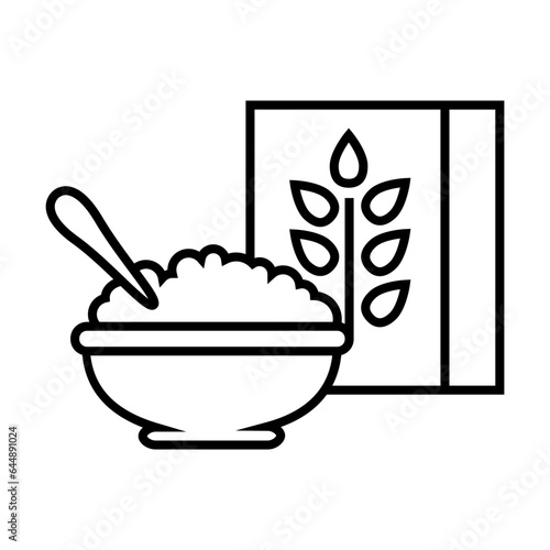 Bowl of cooked oatmeal flakes isolated on white. Food preparation. Healthy food pictogram symbol. Simple thin line black and white vector icon