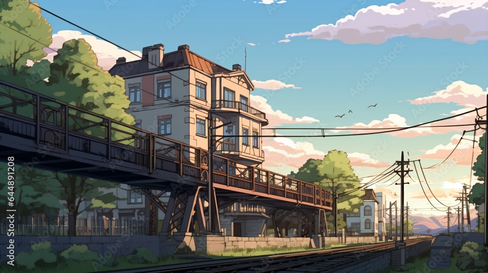 Anime-Style Bridge Landscape of Posters and Backgrounds.