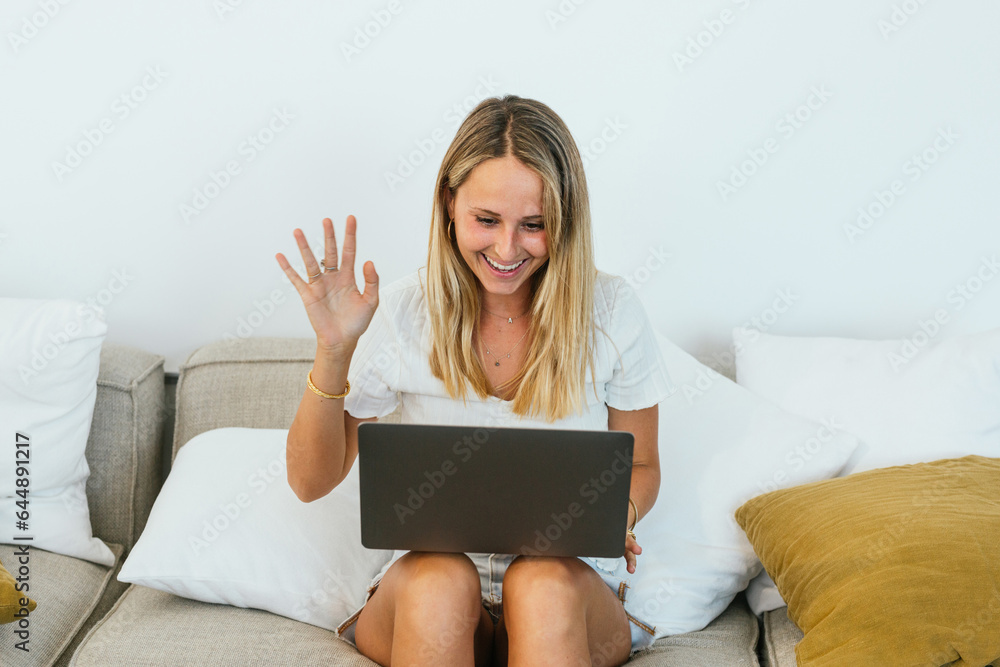 Cheerful woman having video call Cheerful woman having video call