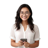thai woman smiling holding a mobile phone, wearing glasses, on transparent background png, isolated background