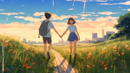 Anime manga Couple Holding Hands and Admiring Sunset with Stunning park Backdrop.