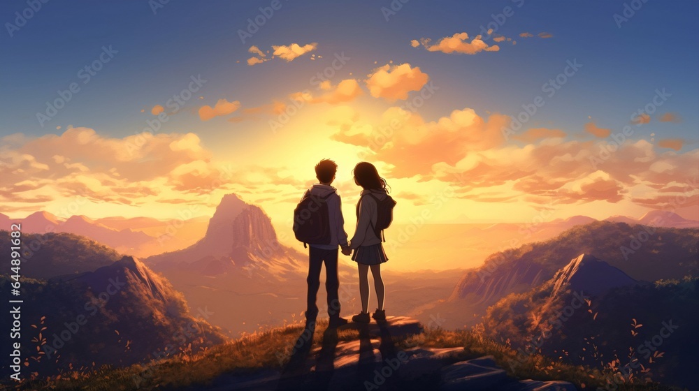 Couple Holding Hands and Admiring Sunset with Stunning Mountain Backdrop.