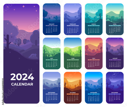 2024 calendar with minimalistic illustrations of landscapes. Vertical illustrations of each month in different color shades. 