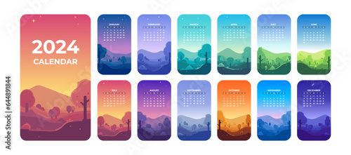 2024 calendar design template with landscape illustrations. Fall, winter, spring and summer illustrations of seasons.