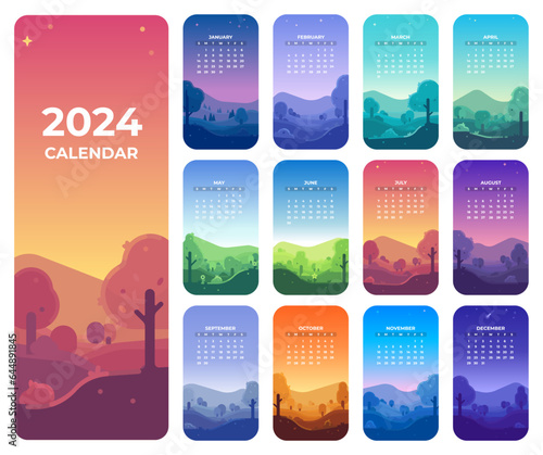 A 2024 calendar with landscape illustrations of each month. Vertical illustrations of all months of the year from winter to summer. 