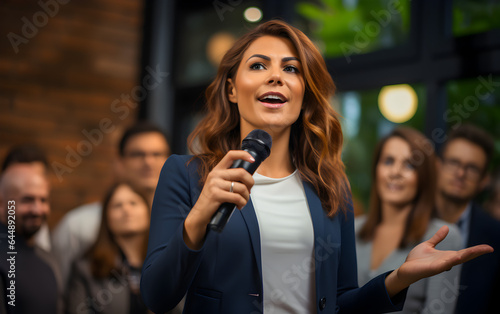 businesswoman delivering a corporate presentation at a seminar or conference.