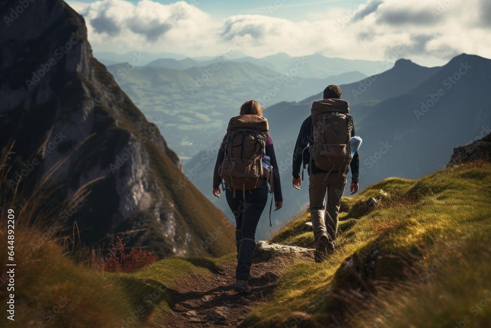 Fototapeta premium Backpackers from the back, journeying through picturesque highlands. Generate Ai