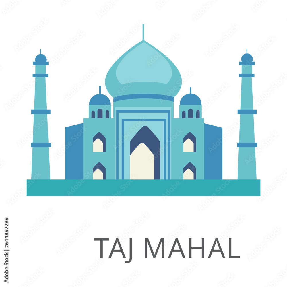 Taj mahal domes and towers isolated on white. Colored flat vector icon of sight and attraction. Travelling and tourism concept