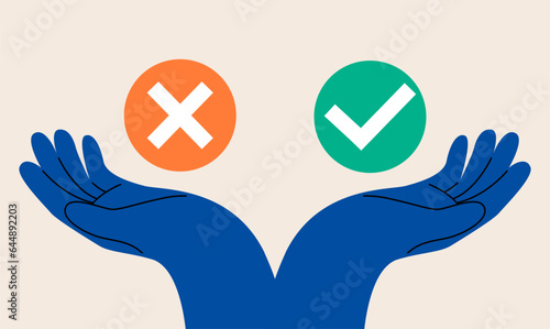 Two options dilemma, trying to choose one. Choice concept. Colorful vector illustration