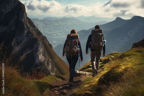 Backpackers from the back, journeying through picturesque highlands. Generate Ai