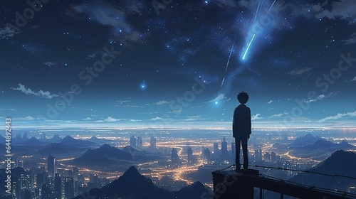 Dreamy Manga-Style Anime Boy Gazing at Twinkling Stars Against Vibrant Cityscape at Night.