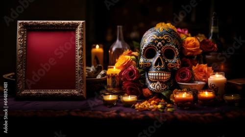 Altar with skull, flowers, and candles as an offering for the Day of the Dead celebration with an empty photo frame,mockup,Halloween,copy space