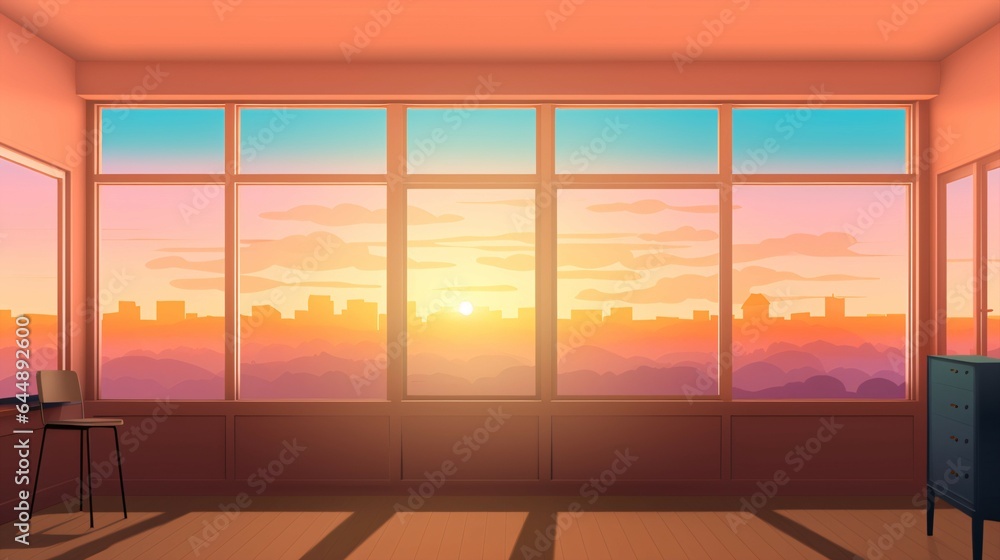 Fototapeta premium Sunset-Inspired Classroom with Vibrant Colors and Window View.