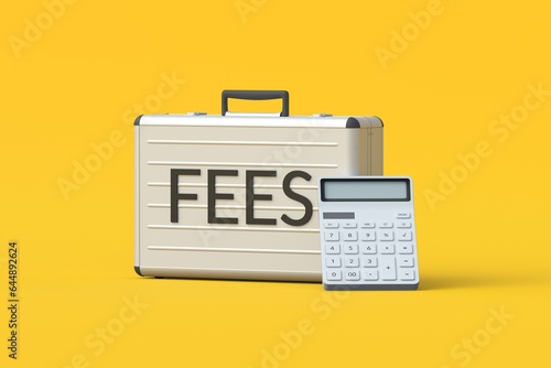 Word fees on suitcase near calculator. Hidden fee. Fixed charges. Payment of the penalty. Legal, illegal commission. Business concept. 3d render