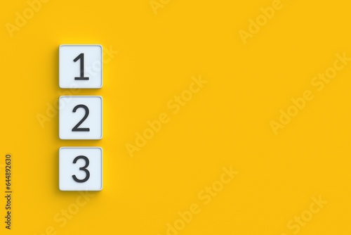 Execution priority. Task list. Step by step plan. Basic goals. Business schedule. Preschool education. Agenda concept. Numbers 1 2 3 on buttons. 3d render