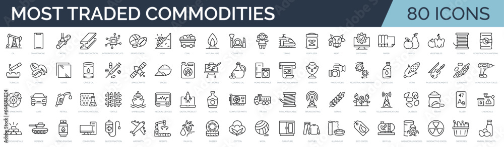 Set of 80 outline icons related to most traded commodities, global trade. Linear icon collection. Editable stroke. Vector illustration Set of 80 outline icons related to most traded commodities, global trade. Linear icon collection. Editable stroke. Vector illustration