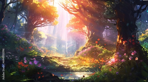 Anime Forest in Soft Sunlight with Vibrant Flowers and Creatures. © ShadowHero
