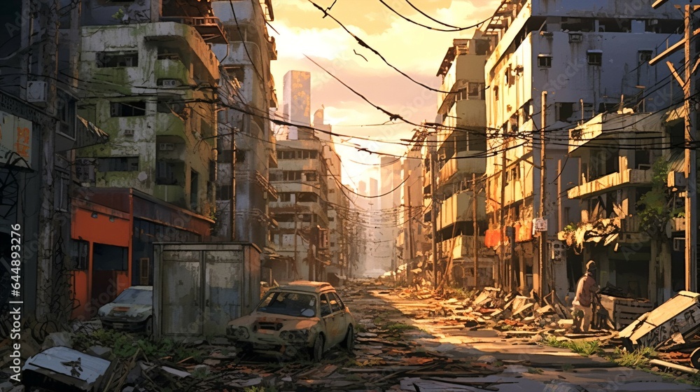 Anime Apocalypse of Mutated Cityscape on the Brink of Chaos.