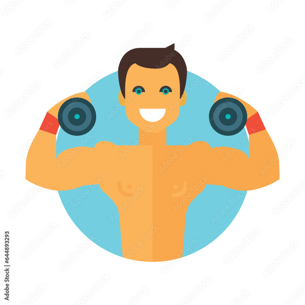 Fototapeta premium Young healthy man holding dumbbells. Man doing physical exercises with weights. Multicolored flat vector icon representing sports items inventory equipment concept isolated on white background