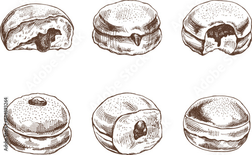 A set of hand-drawn sketches of a traditional German or Polish donut with jam, dusted. Vintage illustration. Pastry sweets, dessert. Element for the design of labels, packaging and postcards.