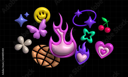 Inflatable Y2K icons collection. Shapes and icon in Y2K style. Inflated 3D element with the plasticine effect. Vector set shapes