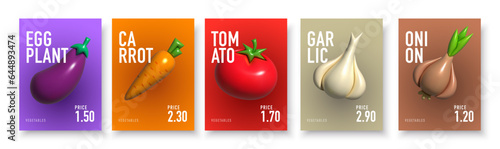Vegetables posters and prices. Inflatable Vegetables. Inflated 3D element with the plasticine effect. Set icon eggplant, carrot, tomato, garlic, onion. Vector illustration