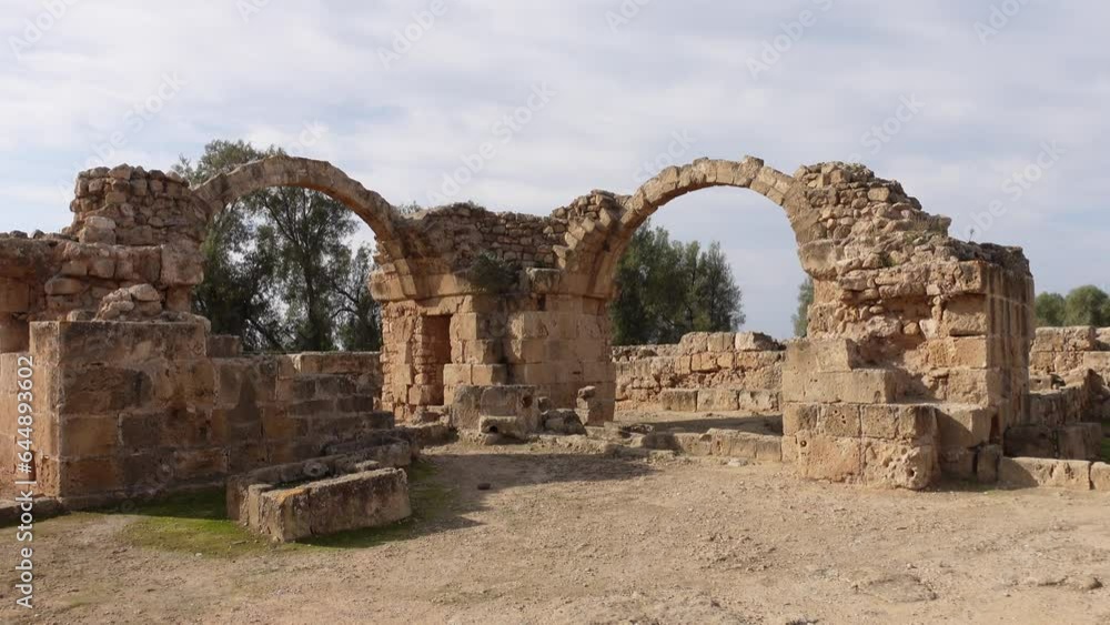 Cyprus history and tourism, walking through ruins of Pafos Archaeological Site Cyprus history and tourism, walking through ruins of Pafos Archaeological Site