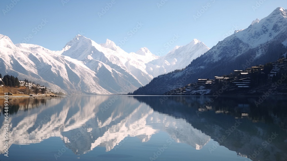 Anime Alpine Lake and Snow-Capped Mountains.