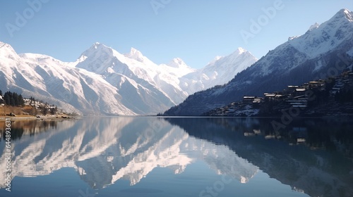 Anime Alpine Lake and Snow-Capped Mountains.