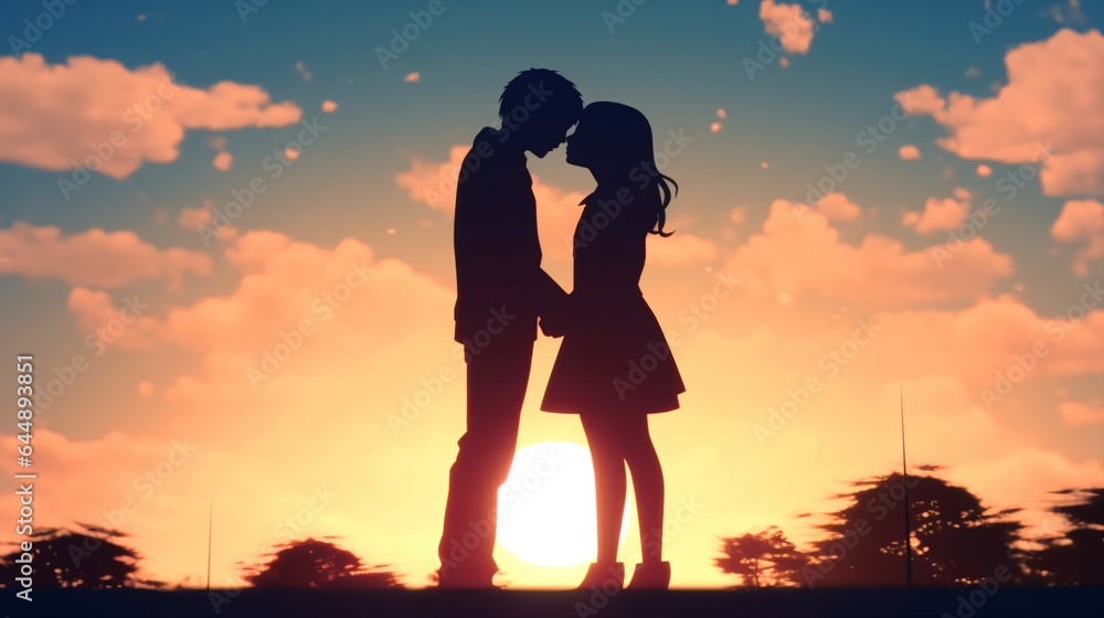Silhouette of Teenage College Anime Couple's Sweet Kiss Under the Blue Sky, Film Poster Style, Romantic Summer Scene, Perfect for Young Love Inspiration.