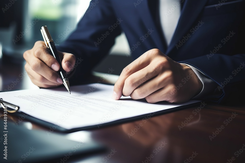 Businessman write on a white paper sheet, close up. Signing documents. AI generative Businessman write on a white paper sheet, close up. Signing documents. AI generative