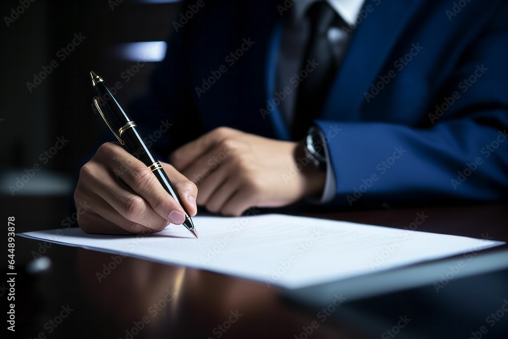 Businessman write on a white paper sheet, close up. Signing documents. AI generative Businessman write on a white paper sheet, close up. Signing documents. AI generative