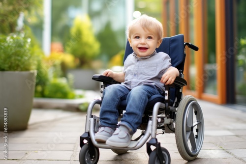 Beautiful kid boy in a wheelchair, summer outdoor portrait. AI generative