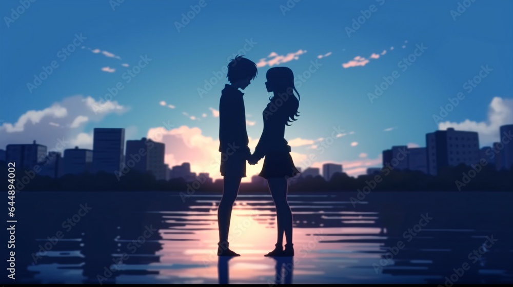 Teenage Anime couple Kissing Silhouette on Beach, Love, Romantic Film Poster.