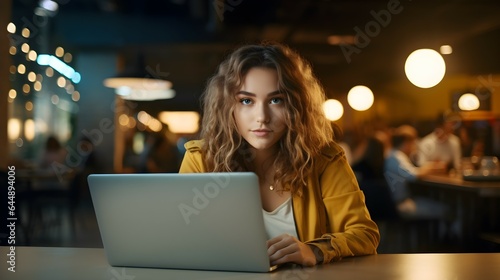 Cafe Creativity: Young Woman Working on Laptop in Ambient Light