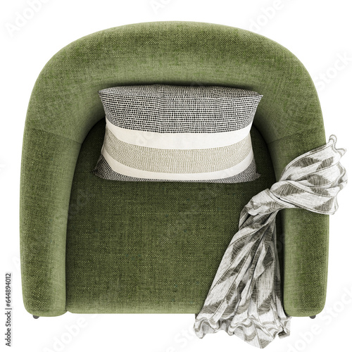 Photography top view of green fabric chair, 3d rendering, on transparent background